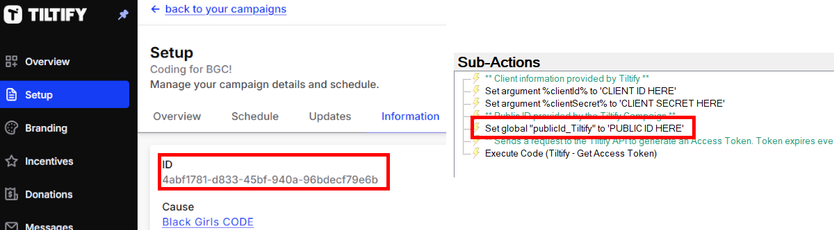 Tiltify Campaign ID needed for Streamer.Bot Tiltify extension.